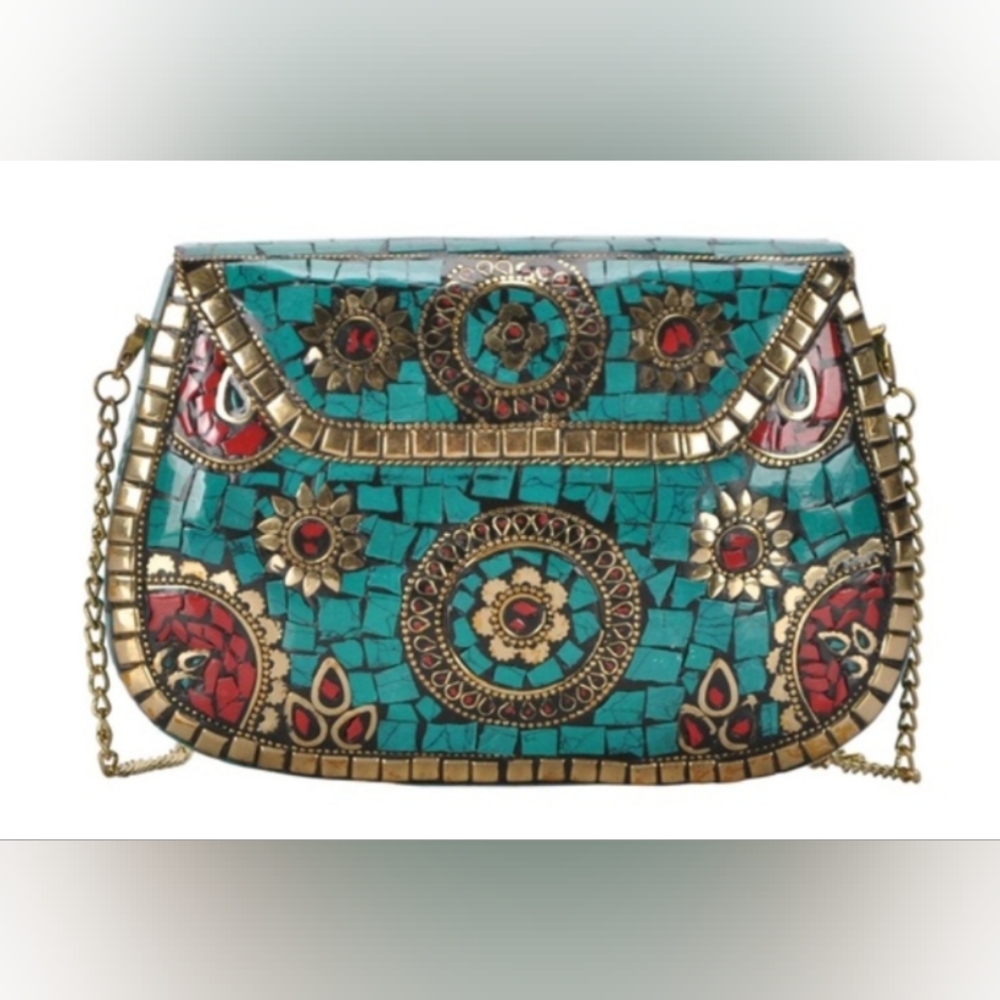 Antik Kraft Turquoise Mosaic Embellished Chain Clutch Bag Brass Metal Iron